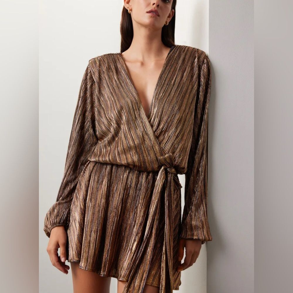 Ramy Brook Elise Metallic Wrap Mini Dress Gold Bronze NWT L